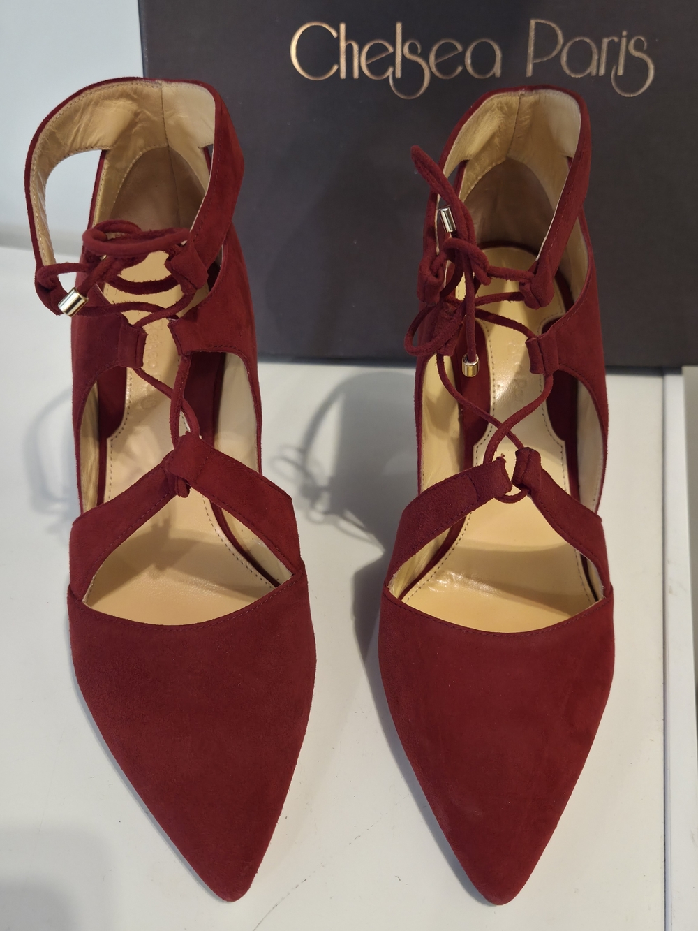 Chelsea Paris Burgundy Suede Lace-Up Pointed-Toe Heels